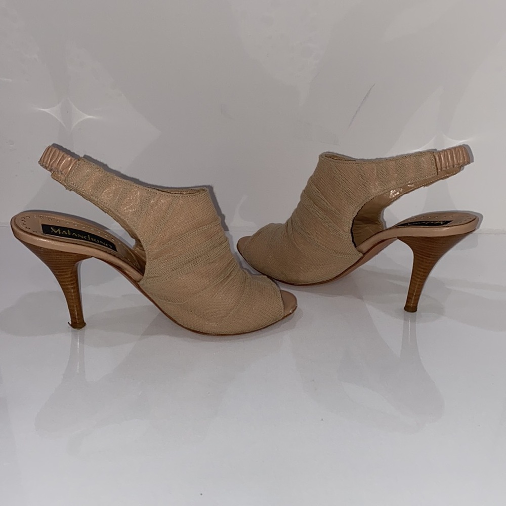 Catherine Malandrino Nude leather w/net peep toe sling backs 4” heel Italy SZ 38
